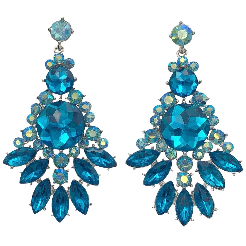 Large Aqua Blue AB Rhinestone Earrings
